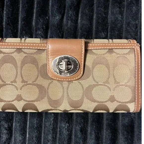 Coach Handbags - Coach Tan and Brown Canvas Monogram Long Wallet GUC